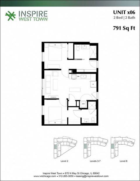 Floor plan for 2 beds, 2 baths, 791 sqft